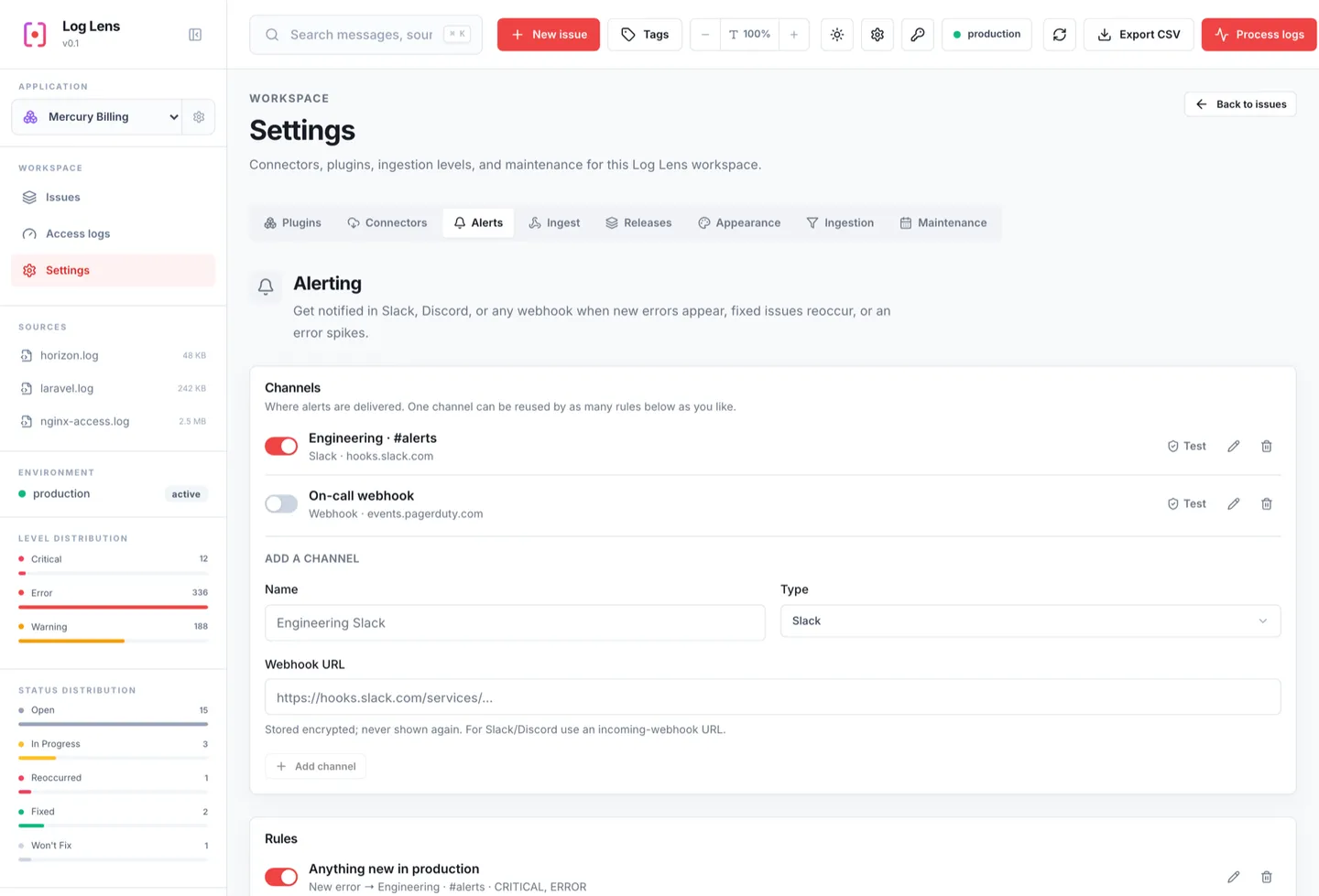 Alerting settings in Log Lens with a Slack channel, an on-call webhook, and rules for new errors, spikes, and reoccurrences
