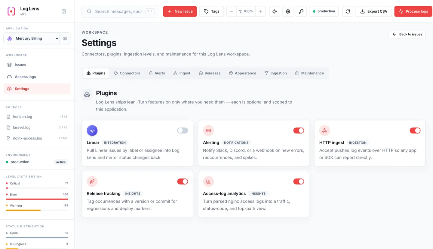 Plugin settings in Log Lens: Linear, Alerting, HTTP ingest, Release tracking, and Access-log analytics, each with a toggle